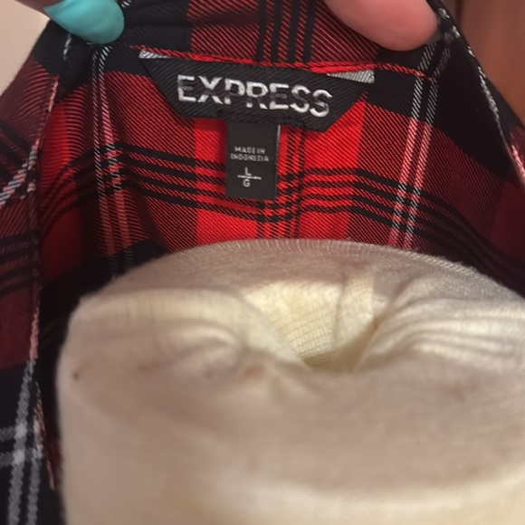 Express L Plaid Rayon Top red & black Flannel Look Lace Front Shirt Blouse - Picture 4 of 6